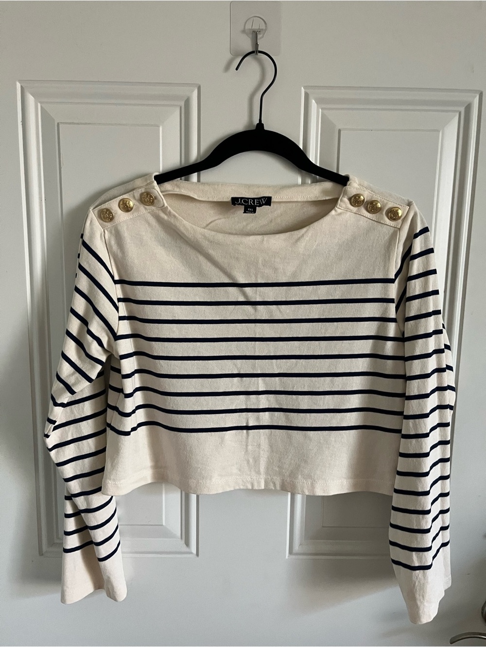 J. Crew Cream and Navy Striped Cropped Boatneck Top with Gold Buttons